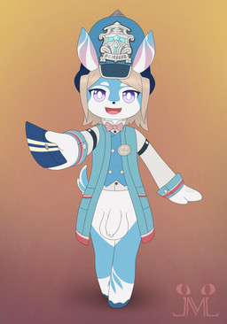 anthro blue_body bottomless bow_ribbon casual_exposure clothed clothing coat crossgender envelope foreskin genitals hat headgear headwear humanoid_genitalia humanoid_penis looking_at_viewer male partially_clothed penis purple_eyes solo topwear unretracted_foreskin white_body jm-luxro genshin_impact mihoyo aeval_(genshin_impact) melusine_(genshin_impact) absurd_res hi_res