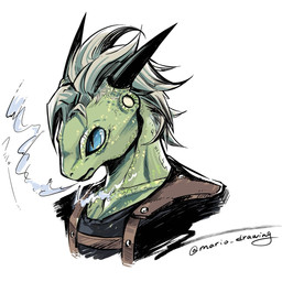 anthro blue_eyes grey_hair hair horn male simple_background solo white_background mariodrawing dragon_quest dragon_quest_xii square_enix reptile scalie 1:1 hi_res