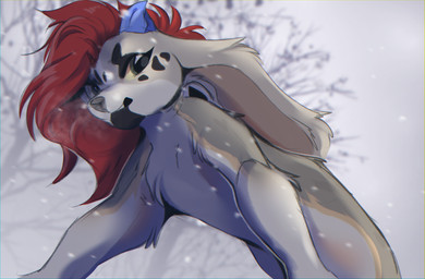 big_ears ears_down facial_markings female feral fur green_eyes grey_body grey_fur hair head_markings horn long_ears long_hair markings muzzle_(object) pivoted_ears red_hair snow solo white_body white_fur yellow_body yellow_fur shyryp shyryp_(character) canid canine canis domestic_dog hybrid mammal absurd_res digital_media_(artwork) hi_res portrait sketch
