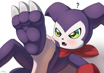 blush clothing feet first_person_view foot_fetish foot_focus handwear human_pov male open_mouth purple_body question_mark shortstack shortstack_male tongue pawsolie bandai_namco digimon digimon_(species) human imp impmon mammal absurd_res digital_media_(artwork) hi_res