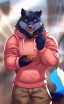 5_fingers amber_eyes anthro blue_body blue_fur chopsticks claws clothed clothing countershade_face countershading eyebrows fingers food fully_clothed fur hair hoodie japanese_food khaki_pants looking_at_food looking_at_object male markings neck_tuft orange_markings orange_nose pink_clothing pink_hoodie pink_topwear short_hair smile solo takoyaki tongue tongue_out topwear tuft noviraine orsutin canid canine canis mammal wolf 2022 digital_media_(artwork) signature