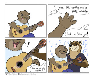 acoustic_guitar anthro clothed clothed_anthro clothed_male clothing dialogue duo exclamation_point eyes_closed fully_clothed fully_clothed_anthro fully_clothed_male furry_problems guitar interspecies male male_anthro membrane_(anatomy) musical_instrument musical_note musical_symbol narrowed_eyes open_mouth open_smile playing_guitar playing_music plucked_string_instrument romantic romantic_couple shirt sitting smile string_instrument symbol t-shirt text thought_bubble tongue tongue_out topwear webbed_hands nikraccoom felix_(nik159) nik_(nik159) mammal mustelid otter procyonid raccoon 2021 absurd_res comic digital_drawing_(artwork) digital_media_(artwork) english_text hi_res multiple_scenes url