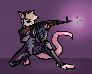 ak-47 ak_platform anthro armor assault_rifle bodysuit claws clothing female gun hole_in_ear knee_pads kneeling latex latex_clothing latex_skinsuit ranged_weapon rifle shooting_gun skinsuit tight_clothing weapon epilepsy_warning waschbar carmine_mcscarra american_opossum mammal marsupial 5:4 animated loop no_sound short_playtime video