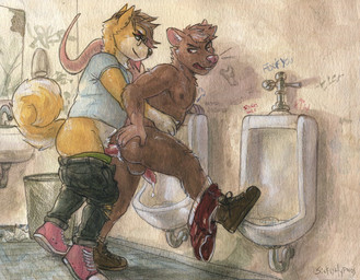 anal anal_penetration anthro anthro_on_anthro arm_hair backsack balls bathroom belly bodily_fluids body_hair bottomwear bottomwear_down brown_balls brown_body brown_fur brown_hair butt clothed clothing clothing_around_one_leg converse_shoes cum cum_in_ass cum_inside duo erection eyewear footwear forced forearm_hair forearms fur genital_fluids genitals glasses hair hairy_legs hand_on_butt humanoid_genitalia humanoid_penis looking_back male male/male male_penetrated male_penetrating male_penetrating_male pants pants_down partially_clothed penetration penis pubes public_restroom realistic_penis_size sex shoes slightly_chubby standing underwear underwear_around_one_leg underwear_down urinal sicklyhypnos chuck_taylor_all_stars converse canid canine mammal murid murine rat rodent painting_(artwork) signature traditional_media_(artwork) traditional_painting_(artwork) traditional_watercolor_(artwork) watercolor_(artwork)