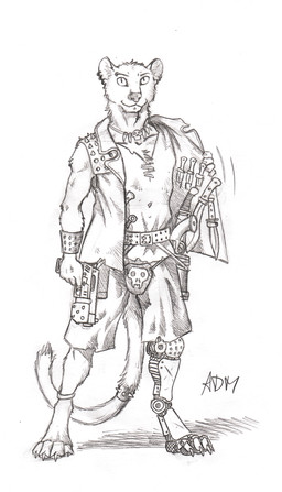 4_toes accessory anthro belt bottomwear bracelet buckle clothed clothing codpiece collar dagger digitigrade ear_piercing ear_ring feet furgonomics gun holding_gun holding_object holding_ranged_weapon holding_weapon holster jacket jewelry knife looking_at_viewer male melee_weapon motion_lines necklace piercing prosthetic prosthetic_leg prosthetic_limb ranged_weapon ring_piercing shirt shorts simple_background solo spiked_collar spiked_jacket spikes standing studded_bracelet studded_jewelry studs sword tail tail_accessory tail_collar toes topwear weapon white_background 0laffson euplerid fossa mammal 2017 graphite_(artwork) signature sketch traditional_media_(artwork)