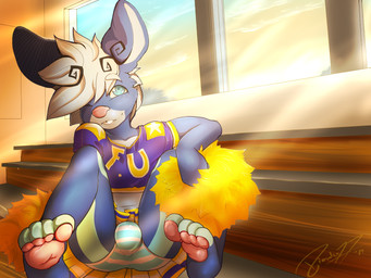 anthro biped blue_body blue_eyes blue_fur bottomwear buckteeth bulge cheerleader cheerleader_outfit clothed clothing crossdressing femboy fur gym hair inside looking_at_viewer male multicolored_body multicolored_fur one_eye_closed panties panties_bulge pattern_bottomwear pattern_clothing pattern_panties pattern_underwear pawpads penis_in_panties pink_nose pom_poms reclining sitting skirt smile solo spread_legs spreading striped_bottomwear striped_clothing striped_panties striped_underwear stripes sunset teeth two_tone_body two_tone_fur underwear upskirt white_body white_fur white_hair kyubbi-arts loike lagomorph leporid mammal rabbit 2014 4:3 hi_res signature