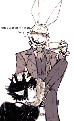 anthro ascot bodily_fluids canon_x_oc container cup dialogue dirty dirty_feet dominant dominant_male duo feet foot_fetish foot_lick foot_play hair hair_grab holding_container holding_cup holding_object holding_tea_cup horn licking male male/male musky_feet soles submissive submissive_male surgical_suture sweat sweaty_feet tea_cup text tongue touching_hair dondon capcom devil_may_cry devil_may_cry_(netflix) don_(dondon) white_rabbit_(dmc) demon horned_humanoid humanoid lagomorph leporid mammal rabbit 2025 english_text monochrome