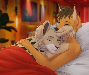 anthro brown_body brown_fur brown_hair cuddling duo fur hair male male/male white_body white_fur yellow_eyes enda_myx canid canine felid fox leopard mammal pantherine hi_res