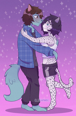 anthro clothed clothed_anthro clothed_female clothed_male clothing duo female female_anthro heart_symbol hug male male/female male_anthro romantic text yuli_uwuwu alixx_(character) canid canine felid fox leopard mammal pantherine digital_media_(artwork) hi_res