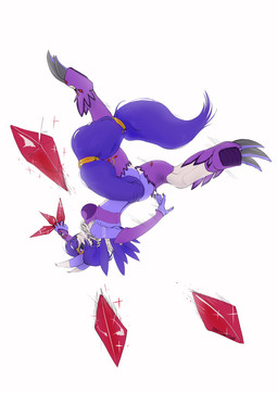 anthro armor attack big_breasts breasts clothing costume diamond_(gem) female fur gem jewelry jumping solo star spiritseed_(artist) bandai_namco digimon nintendo star_fox fan_character krystal_(star_fox) krystamon krystamon_(character) canid canine digimon_(species) fox hybrid mammal renamon crossover hi_res