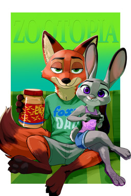 anthro biped bottomwear claws clothed clothing controller crossed_legs cuddling denim denim_bottomwear denim_clothing denim_shorts duo feet female female_anthro fur game_controller gradient_background green_eyes looking_at_viewer male male/female male_anthro on_lap pawpads paws purple_eyes shirt shorts simple_background sitting sitting_on_lap smile smirk t-shirt tail tank_top text toes topwear zigrock001 disney zootopia judy_hopps nick_wilde canid canine european_rabbit fox lagomorph leporid mammal oryctolagus rabbit red_fox true_fox absurd_res full-length_portrait hi_res portrait signature