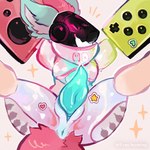 anthro anus bodily_fluids butt dripping genital_fluids genital_focus genitals glistening glistening_body machine male nintendo_console penis penis_focus precum precum_drip precum_on_penis precum_string solo stickers_on_body tapering_penis teal_penis lynx_scenting nintendo nintendo_switch protogen 1:1 colorful_theme hi_res