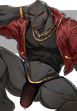 anthro balls bodily_fluids bulge clothed clothing detailed_bulge genital_fluids genital_outline genitals grey_body grey_scales jacket male muscular muscular_anthro muscular_male open_clothing open_jacket open_topwear penis_outline precum precum_through_clothing precum_through_underwear red_clothing red_eyes red_jacket red_topwear scales shirt solo sweat sweatdrop tank_top tenting thong topwear underwear wet wet_clothing chung0_0 epic_games fortnite thunder_(fortnite) komodo_dragon lizard monitor_lizard reptile scalie hi_res