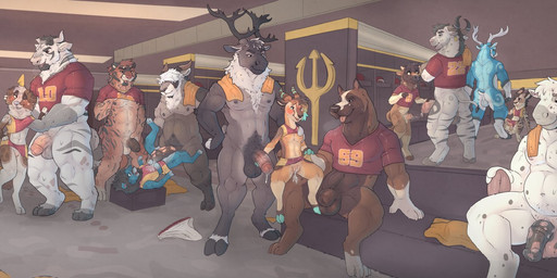 3_toes 4_toes animal_genitalia animal_penis anthro backsack ball ball_size_difference balls barefoot black_balls black_nipples black_penis blush bodily_fluids bottomless bottomless_anthro bottomless_male breasts brown_body brown_fur brown_glans brown_penis butt clothed clothed_female clothing cum cum_in_vagina cum_inside equine_genitalia equine_penis feet female football_jersey fully_sheathed fur genital_fluids genitals glans grey_balls gridiron_ball group group_sex hooves humanoid_genitalia humanoid_penis imminent_sex inside jersey larger_anthro larger_male locker_room male male/female male/male medial_ring melee_weapon mottled mottled_genitalia mottled_penis muscular muscular_anthro muscular_male nipples non-mammal_balls nude nude_anthro nude_male orgy penis penis_size_difference perineum pink_balls pink_glans pink_nipples pink_penis polearm pubes sex sheath shirt sitting size_difference small_breasts smaller_anthro smaller_female smaller_male standing sweat sweaty_balls sweaty_body sweaty_genitalia tan_balls tan_penis toes topwear trident weapon white_balls white_body white_fur white_sheath baileyx bovid bovine canid canine canis caprine cattle deer dinosaur domestic_dog felid goat lion mammal new_world_deer pantherine prehistoric_species reindeer reptile scalie colored hi_res