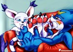 3_toes anthro blue_eyes blush claws duo feet female foot_fetish foot_lick foot_play furniture humanoid_feet licking male male/female pawpads paws plantigrade sitting sofa soles toe_claws toes tongue xptzstudios bandai_namco digimon digimon_(species) gatomon veemon hi_res