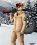 anthro assault_rifle clothing fg-42 gun light looking_at_viewer machine male military mountain occult_symbol pentacle pentagram plant ranged_weapon red_eyes rifle snow soldier solo symbol tree warrior weapon lucareelo canid canine canis mammal wolf absurd_res hi_res