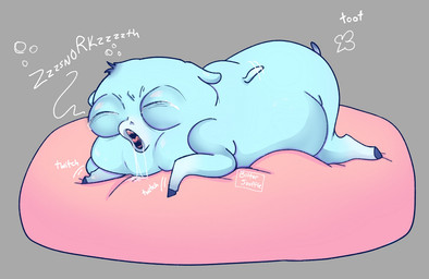 ambiguous_feral ambiguous_gender black_hooves blue_body blue_fur bodily_fluids cushion drooling fart feral flapping_wings fur grey_background gums hooves lying neonate on_front onomatopoeia open_mouth pink_cushion saliva simple_background sleeping small_tail small_wings solo sound_effects swollen_eye tail tears text tongue toothless_mouth white_text wings young young_ambiguous young_feral bittersouffle fluffy_pony mythology equid equine fluffy_pony_(species) mammal mythological_creature mythological_equine pegasus 2026 artist_name digital_media_(artwork) english_text shaded