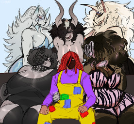 alternative_fashion anthro belly bodily_fluids clothed clothing clown collar drooling female furniture group gyaru harem horn human_on_anthro interspecies j-fashion larger_female licking licking_lips male male/female male_on_anthro overweight saliva size_difference sofa surrounded tongue tongue_out cotard kou_(cotard) shules_(cotard) animal_humanoid arctic_fox canid canine canis domestic_dog fox horned_humanoid human humanoid mammal true_fox absurd_res hi_res meme