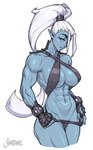 abs big_breasts blue_body blue_eyes breasts clothing female hair humanoid_pointy_ears muscular muscular_female navel not_furry panties pointy_ears simple_background solo thick_thighs underwear white_background white_hair shardanic humanoid