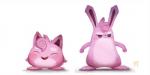 2:1 ambiguous_gender anthro digital_media_(artwork) digital_painting_(artwork) duo eyes_closed frown generation_1_pokemon jigglypuff lagomorph long_ears mammal nintendo open_mouth piper_thibodeau pokemon pokemon_(species) simple_background smile waddling_head white_background wigglytuff