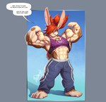 anthro body_builder bottomwear clothing female flexing hair looking_at_viewer muscular pants red_hair solo sweatpants text agonwolfe melinda_(agonwolfe) lagomorph leporid mammal rabbit english_text hi_res