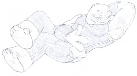 3_fingers 3_toes bracelet clothed clothing crossed_legs feet fingers hand_behind_head holster jewelry lying male muscular muscular_male on_back open_mouth open_smile simple_background smile solo toes uniform white_background giantboonehusky disney lilo_and_stitch gantu alien 2015 graphite_(artwork) greyscale monochrome sketch traditional_media_(artwork)