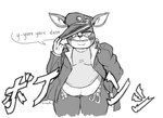 anthro belly_overhang belt blush clothed clothing coat embarrassed hand_in_pocket hand_on_hat jacket jotaro's_hat looking_down male open_clothing open_jacket open_topwear overhang overweight overweight_anthro overweight_male pockets shirt_too_small slightly_chubby slightly_chubby_anthro slightly_chubby_male solo stuttering topwear wardrobe_malfunction yare_yare_daze beverage_(artist) jojo's_bizarre_adventure iggy_(jjba) boston_terrier canid canine canis domestic_dog hunting_dog mammal molosser small_molosser terrier toy_dog greyscale monochrome