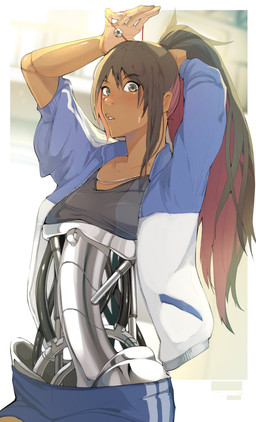 blush bodily_fluids bottomwear bra clothing eyebrows female grey_eyes hair holding_hair jacket long_neck looking_at_viewer machine metallic_body multicolored_hair pink_hair pouting raised_arms raised_eyebrows shorts simple_background solo sports_bra sweat sweatdrop tan_body tan_skin topwear touching_hair two_tone_hair tying_hair underwear ecomoesty manika_(ecomoesty) humanoid robot robot_humanoid absurd_res digital_drawing_(artwork) digital_media_(artwork) hi_res