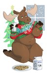 anthro antlers areola beverage beverage_carton blue_eyes bottomless breasts brown_body brown_fur carton christmas_clothing christmas_sweater christmas_topwear christmas_tree clothed clothing container cookie cup dairy_products drinking_glass female fingers food fur genitals glass glass_container glass_cup glass_of_milk holding_beverage holding_container holding_cup holding_glass holding_object holidays hooved_fingers hooves horn kneeling looking_at_viewer milk milk_carton milk_container nipple_outline nipples one_breast_out plant plate plump_labia pussy slightly_chubby smile snow snowing snowing_outside solo sweater text text_on_clothing text_on_sweater text_on_topwear thick_thighs topwear tree undressing window artbyyellowdog christmas gerry_(mcdoogiy) deer mammal moose new_world_deer 2020 digital_media_(artwork) english_text hi_res shaded