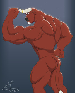anthro back_muscles barazoku bent_arm biped butt facial_hair fingers fist flexing flexing_bicep fur goatee grey_background horn humanoid_hands looking_at_viewer male muscular muscular_anthro muscular_male nude_anthro nude_male pose red_body red_fur side_view simple_background smile solo standing tail yellow_eyes isaac_andel bovid bovine cattle mammal 2023 colored hi_res pinup portrait shaded signature three-quarter_portrait
