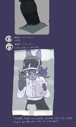 anthro baseball_cap bathroom big_penis blue_body blue_ears blue_eyebrows blue_fur blue_hair bodily_fluids breasts cellphone chest_tuft clothing collared_shirt condom dick_pic dress_shirt electronics eyebrow_through_hair eyebrows female flashing fur furgonomic_hat furgonomic_headwear furgonomics genitals hair hat headgear headwear holding_cellphone holding_object holding_phone holding_smartphone huge_penis inviting_to_sex male nipples one_breast_out penis phone selfie sexting sexual_barrier_device shirt sink smartphone sweat text texting thick_penis topwear translucent translucent_hair tuft vein veiny_penis white_clothing white_sclera white_shirt white_topwear puppy_in_space mini_(puppy_in_space) canid canine canis domestic_dog mammal english_text hi_res