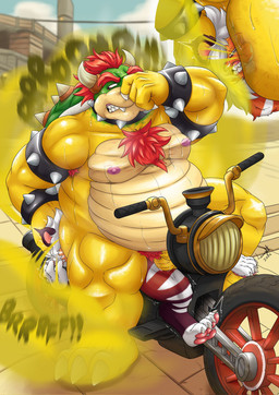 anthro ass_in_face big_butt bodily_fluids body_hair butt chest_hair chest_tuft dominant dominant_male duo facesitting fart fart_cloud fart_fetish farting_on_another farting_on_face hair holding_nose horn male male_farting motorcycle musclegut muscular muscular_arms red_eyes red_hair sitting_on_another sweat tuft vehicle yellow_body laught468 mario_bros mario_kart nintendo bowser dragon_koopa koopa reptile scalie turtle hi_res