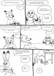 anthro bernielover beverage canid canine clothed clothing comic disney duo english_text eyewear female food fox fur furniture hi_res judy_hopps lagomorph leporid long_ears male mammal monochrome nick_wilde rabbit red_fox simple_background sitting smile speech_bubble stool sunglasses text true_fox white_background zootopia