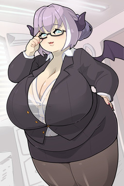 2_horns 5_fingers adjusting_glasses analog_clock back_wings big_breasts black_bottomwear black_clothing black_eyewear black_glasses black_horn black_jacket black_membrane black_skirt black_topwear black_wings blue_pupils bottomwear breasts button_(fastener) cleavage clock clothed clothed_female clothed_humanoid clothing colored_nails eyelashes eyewear female female_humanoid filing_cabinet fingernails fingers front_view glasses grey_hair hair hair_bun half-moon_glasses hand_on_hip hand_on_own_hip highlights_(coloring) horn huge_breasts inside jacket legwear light_body light_skin lips looking_at_viewer membrane_(anatomy) membranous_wings nails office office_lady overweight overweight_female overweight_humanoid pantyhose pencil_skirt pupils red_fingernails red_nails shirt skirt small_wings solo spread_wings thick_lips thick_thighs topwear translucent translucent_clothing translucent_shirt translucent_topwear white_dress_shirt white_eyes white_highlights wings morningpanda vtuber agano_mai demon demon_humanoid horned_humanoid humanoid succubus winged_humanoid 2023 2:3 absurd_res colored digital_drawing_(artwork) digital_media_(artwork) english_description hi_res portrait three-quarter_portrait