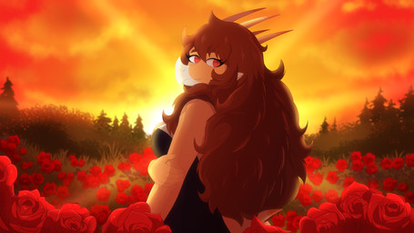 anthro breasts brown_hair clothed clothed_anthro clothed_female clothing cloud detailed_background facial_horn female fingers flower garden grass hair hand_on_arm head_turned horn humanoid_hands light light_beam long_hair looking_at_viewer looking_back medium_breasts non-mammal_breasts orange_body outside plant red_eyes rose_(flower) side_view sky smile solo sun sunbeam sunlight sunset tan_body tree veisz_stories goodbye_volcano_high ko_op_(game_developer) rosa_(gvh) aquilops ceratopsian dinosaur marginocephalian ornithischian prehistoric_species reptile scalie 16:9 colored hi_res shaded widescreen