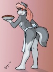 anthro apron apron_only bent_over biped black_eyebrows black_nose bottomless breasts butt clothed clothing dessert eyebrow_through_hair eyebrows feet female food fur gloves_(marking) grey_body grey_breasts grey_butt grey_ears grey_fur grey_tail hair holding_food holding_object holding_pie knee_pit long_hair looking_at_viewer looking_back markings mostly_nude multicolored_body multicolored_fur multicolored_tail pastry pie pink_background pink_hair plantigrade red_eyes shadow side_boob simple_background snout solo standing straight_hair tail translucent translucent_hair two_tone_body two_tone_fur two_tone_tail white_apron white_body white_clothing white_feet white_fur white_tail year ajin canid canine canis mammal wolf 2006 hi_res signature smaller_version_at_source