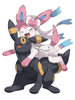 ambiguous_gender annoyed blush blush_lines bow_(anatomy) clingy duo eyes_closed fangs feral fur grey_body markings one_eye_closed open_mouth paws pink_body pink_fur red_eyes ribbons_(anatomy) ring_(marking) simple_background sitting tail teeth tongue white_body makotoo nintendo pokemon eeveelution generation_2_pokemon generation_6_pokemon pokemon_(species) sylveon umbreon 2026 3:4 signature