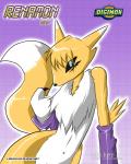 ambiguous_gender anthro armwear belly black_sclera blonde_hair blue_eyes bridal_gauntlets clothing fur hair mostly_nude navel neck_tuft purple_armwear purple_clothing solo text tuft white_belly white_body white_fur yellow_body yellow_fur linkerluis bandai_namco digimon canid canine digimon_(species) mammal renamon 2010 species_name