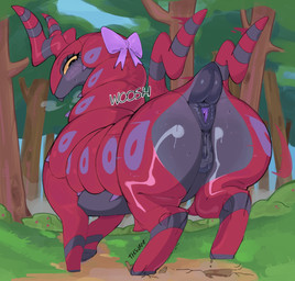 animal_genitalia animal_vulva anus big_butt bodily_fluids bow_ribbon butt equine_genitalia equine_vulva female female_feral feral forest genitals horn plant presenting presenting_hindquarters puffy_anus rear_focus red_body shaking_butt short_tail solo sweat tail tail_anus three-quarter_view tree vulva magnetstuff nintendo pokemon arthropod generation_5_pokemon pokemon_(species) scolipede absurd_res hi_res