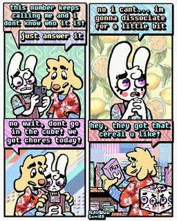4_panel_comic aloha_shirt anthro bow_tie cheek_spots clothing dialogue duo floppy_ears fur humor male overalls pattern_clothing pattern_shirt pattern_topwear shirt smile speech_bubble teeth text tooth_gap topwear white_body white_fur wide_eyed yellow_body yellow_fur rawdawgcomics bingus_(rawdawgcomics) stahli_(rawdawgcomics) bird_dog canid canine canis domestic_dog golden_retriever hunting_dog lagomorph leporid mammal rabbit retriever 4:5 comic english_text hi_res