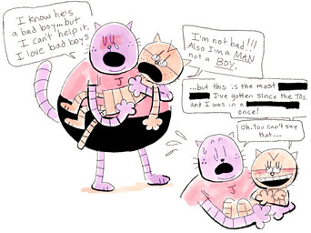 anthro blush bodily_fluids carrying_another clothed clothing crying dialogue duo eyewear glasses male open_mouth overweight purple_body simple_background surprised tears text cubert dog_man_(series) big_jim_(dog_man) grampa_(dog_man) domestic_cat felid feline felis mammal 2025 english_text hi_res