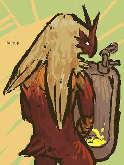 anthro anthrofied bodily_fluids genital_fluids male peeing pokemorph solo urinal urine rocket_grunt_(artist) nintendo pokemon avian bird blaziken generation_3_pokemon pokemon_(species) 3:4 low_res