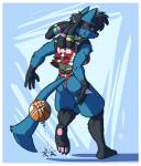 2019 3_toes 4_fingers absurd_res anthro athletic athletic_anthro athletic_female ball barefoot basketball_(ball) blue_body blue_fur border bra butt butt_pose clothing feet female fingers full-length_portrait fur generation_4_pokemon hi_res looking_at_viewer lucario megawolf77 nintendo pawpads pink_pawpads plantigrade pokemon pokemon_(species) portrait pose red_clothing red_topwear smile soles solo sports_bra sports_panties toes topwear underwear white_border white_clothing white_topwear