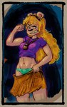 anthro blonde_hair bottomwear braces clothing colored_edge_panties crop_top female flexing green_clothing green_panties green_underwear hair locket looking_at_viewer midriff navel panties poofy_hair shirt skirt solo toothy_smile topwear underwear undressing ishi krista_blonde bear mammal