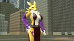 3d_background anthro blue_eyes breasts clothing female fur looking_at_viewer simple_background solo white_body white_fur yellow_body yellow_fur soda_rakoon bandai_namco digimon canid digimon_(species) mammal renamon 16:9 3d_(artwork) digital_media_(artwork) hi_res widescreen