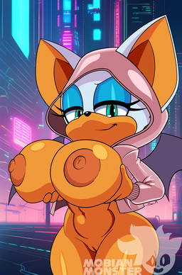 anthro areola bat_ears bat_wings big_breasts big_nipples blue_eyelids breasts clothing coat curvy_figure duo exposed_breasts female flashing flashing_breasts flashing_pussy genitals glistening glistening_breasts green_eyes holding_breast huge_breasts jacket leggings legwear membrane_(anatomy) membranous_wings nipples orange_body orange_skin pattern_background pink_clothing pink_jacket pink_topwear plastic_clothing raincoat simple_background smug smug_face topwear vulva wide_hips wings mobian_monster sega sonic_the_hedgehog_(series) rouge_the_bat bat mammal absurd_res hi_res watermark
