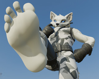 5_toes anthro barefoot belt biped camo camo_clothing camo_print clothed clothed_anthro clothed_male clothing feet fist foot_fetish foot_focus fur gloves handwear humanoid_feet inner_ear_fluff looking_at_viewer looking_down looking_down_at_viewer low-angle_view male male_anthro pattern_clothing plantigrade raised_foot sleeveless_clothing soles solo toes tuft white_body white_fur zipper what1231 canid mammal 3d_(artwork) digital_media_(artwork)