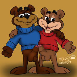 anthro balls brown_body brown_fur cereal_mascot comparing comparing_penis duo foreskin fur genitals male male/male mascot penis penis_touching teasing melodymayhem golden_crisp kellogg's sugar_bear bear brown_bear mammal ursine hi_res