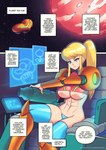 abs armor athletic athletic_female blonde_hair blue_eyes breasts clothed clothing comic curvy_figure dialogue english_text female hair hi_res hourglass_figure human legwear mammal metroid midriff muscular muscular_female nintendo not_furry planet samus_aran sitting small_waist solo space spacecraft supersatanson text thick_thighs thigh_highs thin_calves unconvincing_armor under_boob url varia_suit vehicle wide_hips