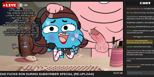 anthro balls blue_body blue_fur blush bodily_fluids chat_box clothed clothing crossdressing cum dialogue duo electronics erection femboy fur genital_fluids genitals hair headgear headphones homophobic_slur imminent_sex livestream male male/male nude open_mouth penile penis precum profanity slur smile text topwear young young_anthro young_male vwhiskers cartoon_network the_amazing_world_of_gumball gumball_watterson richard_watterson domestic_cat felid feline felis lagomorph leporid mammal rabbit digital_media_(artwork) english_text father_(lore) father_and_child_(lore) father_and_son_(lore) incest_(lore) parent_(lore) parent_and_child_(lore) parent_and_son_(lore) son_(lore)